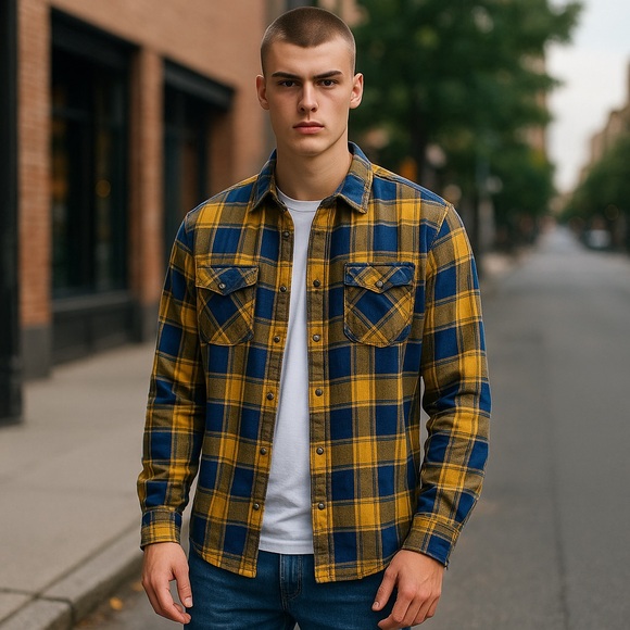 FLRT Other - FLTR Men's Checkered Blue/Yellow Long Sleeve Snap Button Up Shirt Size Large EUC